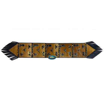 MOUSM Real Cow Hide Leather Table Runner - 72x12 Inches, Decorated with Brown Acid Wash Design with Laser Cut Related Logos with Black Fringe Both Sides