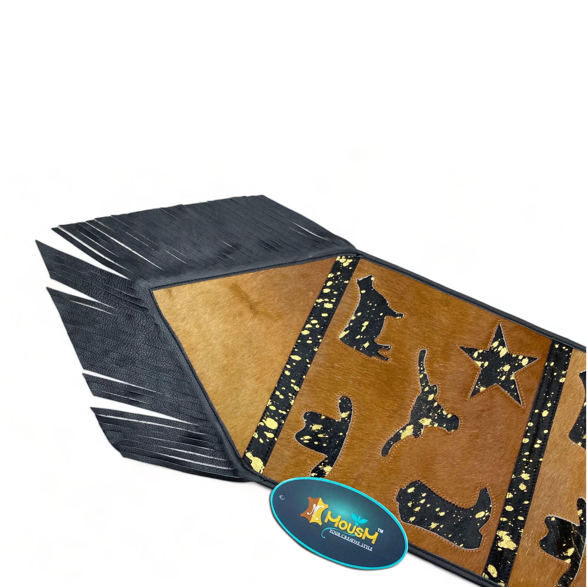 MOUSM Real Cow Hide Leather Table Runner - 72x12 Inches, Decorated with Brown Acid Wash Design with Laser Cut Related Logos with Black Fringe Both Sides