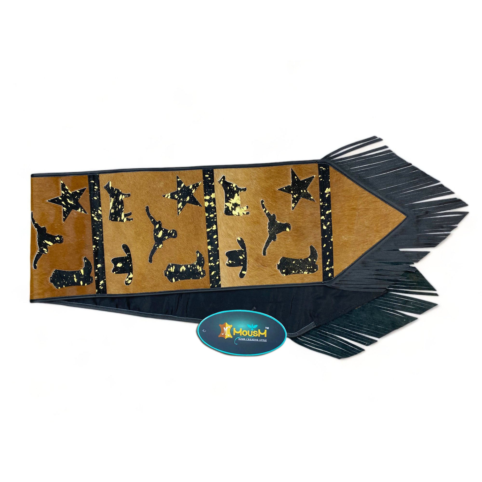 MOUSM Real Cow Hide Leather Table Runner - 72x12 Inches, Decorated with Brown Acid Wash Design with Laser Cut Related Logos with Black Fringe Both Sides