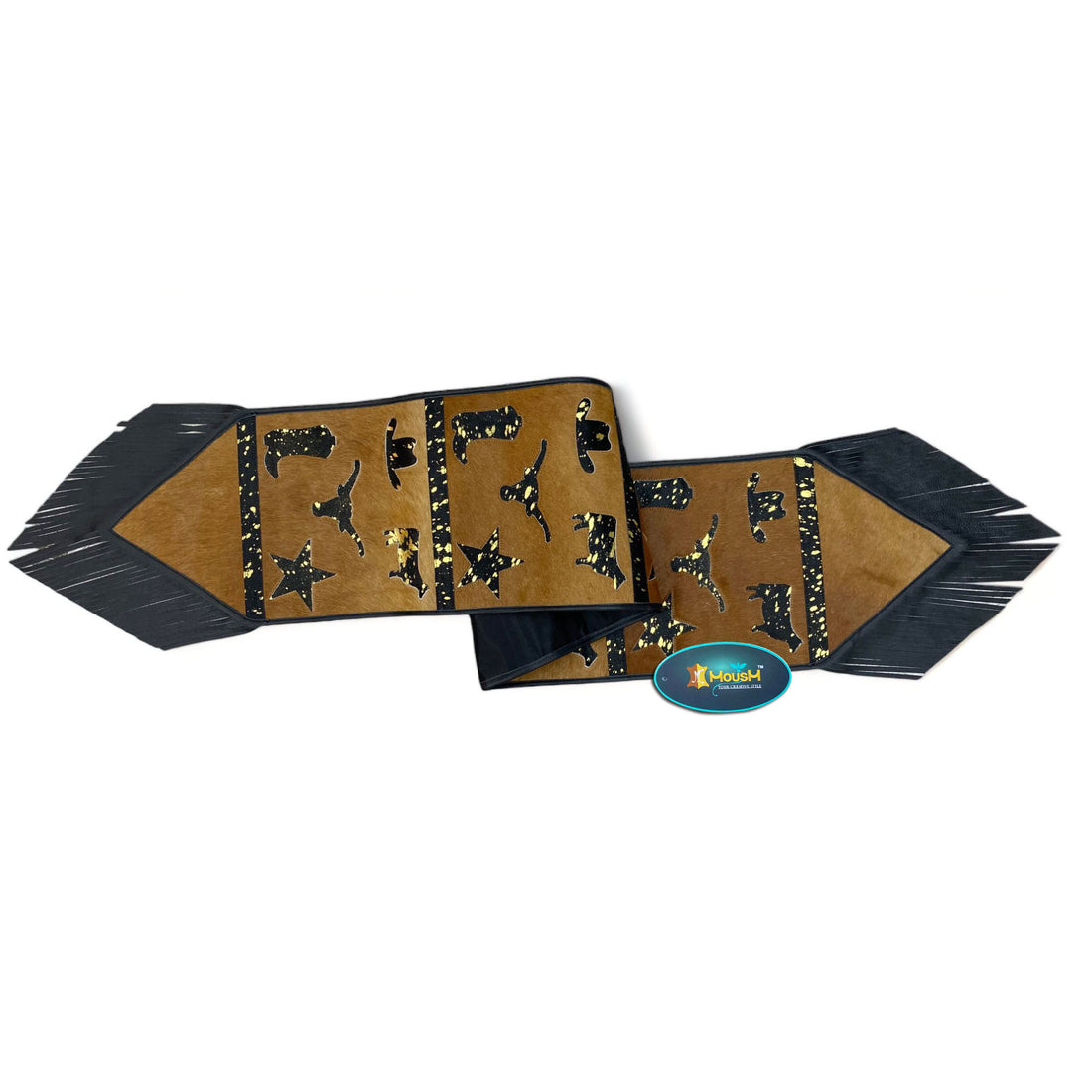 MOUSM Real Cow Hide Leather Table Runner - 72x12 Inches, Decorated with Brown Acid Wash Design with Laser Cut Related Logos with Black Fringe Both Sides