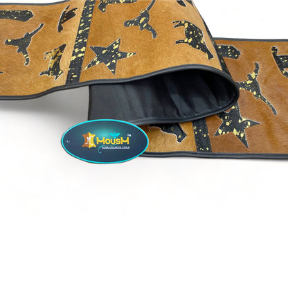 MOUSM Real Cow Hide Leather Table Runner - 72x12 Inches, Decorated with Brown Acid Wash Design with Laser Cut Related Logos with Black Fringe Both Sides