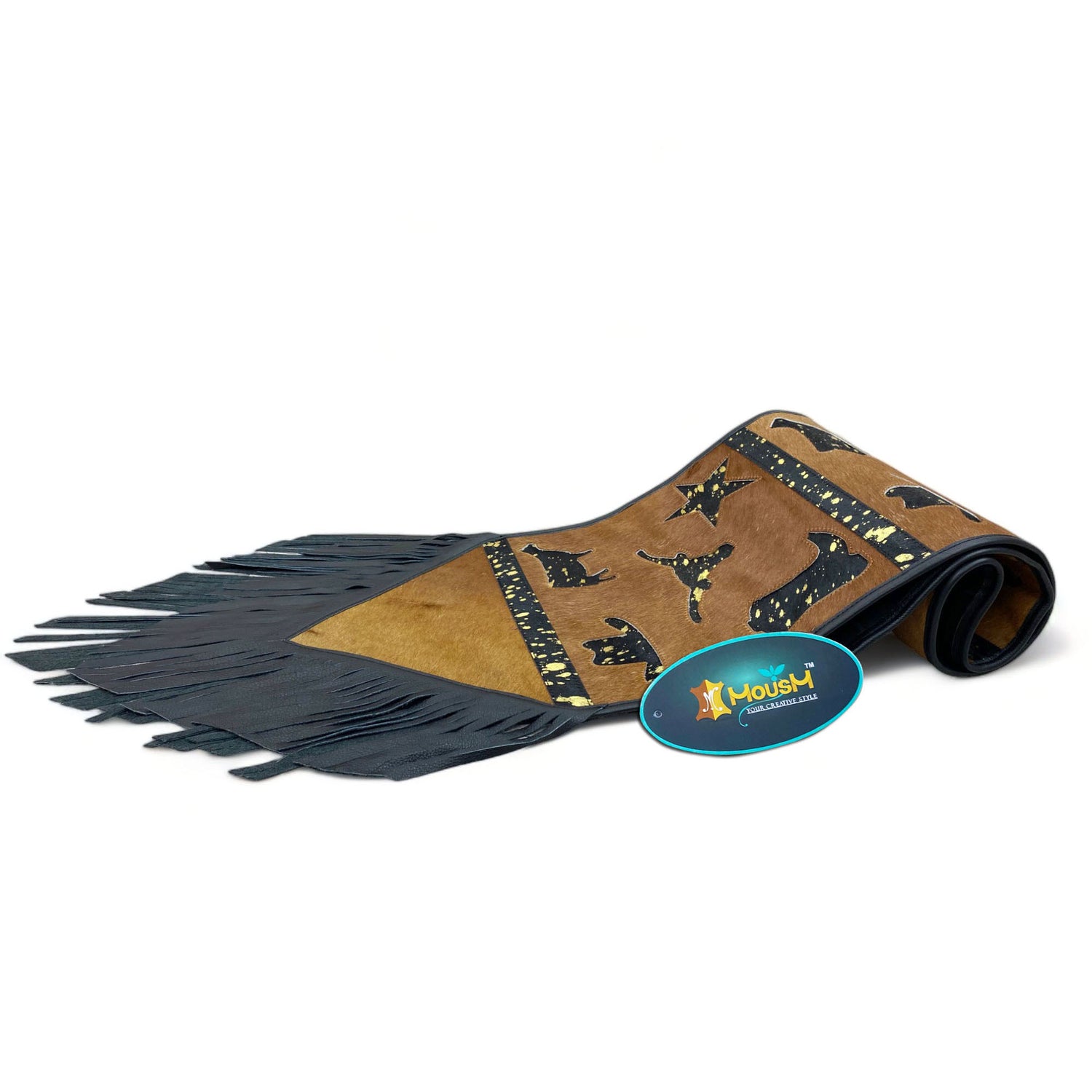 MOUSM Real Cow Hide Leather Table Runner - 72x12 Inches, Decorated with Brown Acid Wash Design with Laser Cut Related Logos with Black Fringe Both Sides