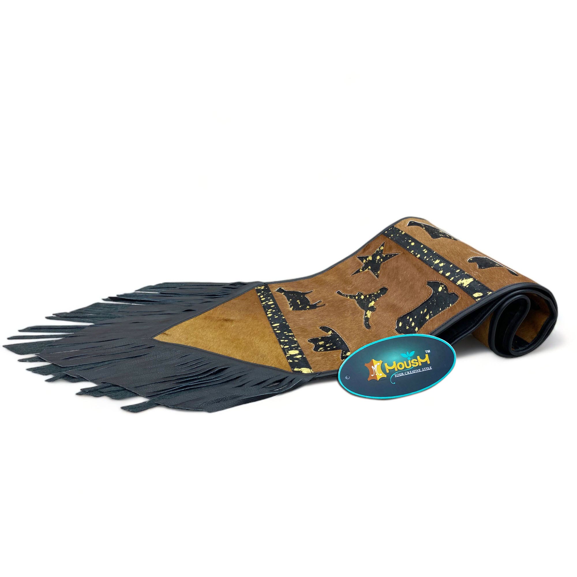 MOUSM Real Cow Hide Leather Table Runner - 72x12 Inches, Decorated with Brown Acid Wash Design with Laser Cut Related Logos with Black Fringe Both Sides