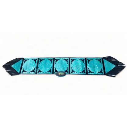 MOUSM Real Cow Hide Leather Table Runner - 72x12 Inches, Royal Blue Acid Wash Design with Laser Cut Bull Head Cow Hide Patched and Black Leather Fringes