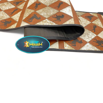 MOUSM Real Cowhide Leather Table Runner – 72x12 Inches, Genuine Cowhide with Laser-Cut Horse Logo Under Orange Diamond Patches &amp; Black Leather Fringe