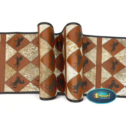 MOUSM Real Cowhide Leather Table Runner – 72x12 Inches, Genuine Cowhide with Laser-Cut Horse Logo Under Orange Diamond Patches &amp; Black Leather Fringe