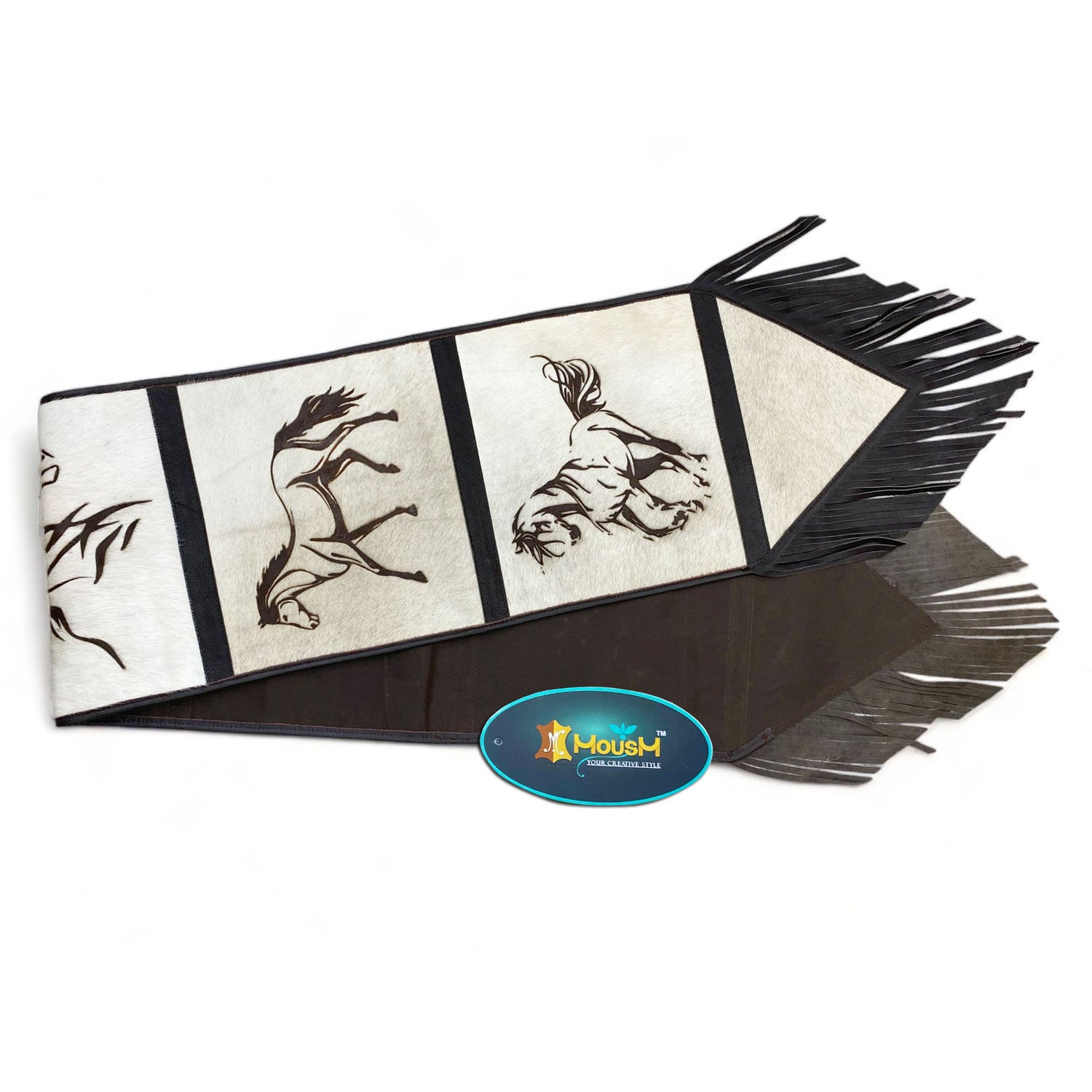 MOUSM Real Cow Hide Leather Table Runner – 72x12 Inches, Table Runner Made from Genuine Ceramic-Colored Cowhide, Decorated with Laser-Engraved Smart Horse Designs and Finished with Black Fringe