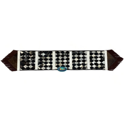 MOUSM Real Cow Hide Leather Table Runner – 72x12 Inches, Table Runner with  Chessboard-Style Diamond Patches on Genuine Cowhide with Leather Fringe on Both Sides