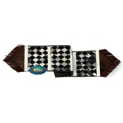 MOUSM Real Cow Hide Leather Table Runner – 72x12 Inches, Table Runner with  Chessboard-Style Diamond Patches on Genuine Cowhide with Leather Fringe on Both Sides
