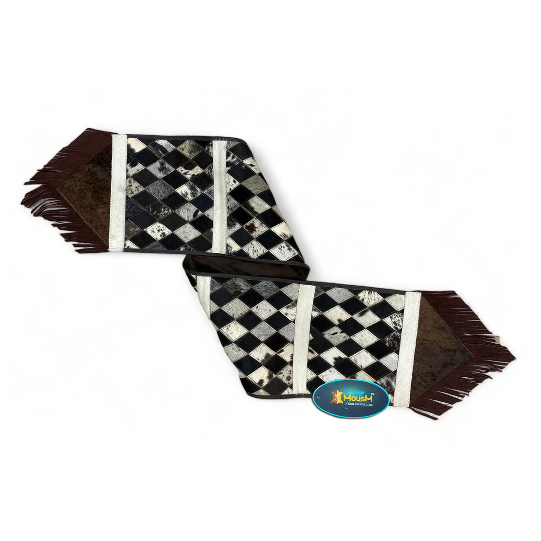 MOUSM Real Cow Hide Leather Table Runner – 72x12 Inches, Table Runner with  Chessboard-Style Diamond Patches on Genuine Cowhide with Leather Fringe on Both Sides