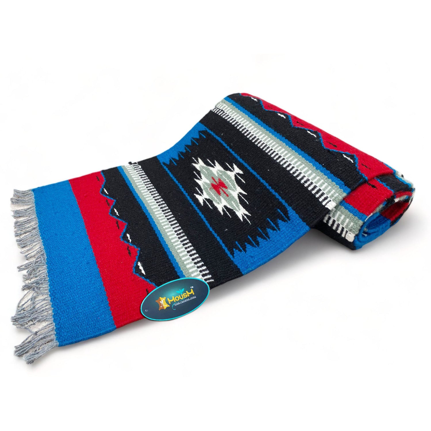 MOUSM Handwoven Cotton Table runner 72x12 Inches, Decorated with Blue, Black and White with Blanket Fringe at Both Side of Table Runner