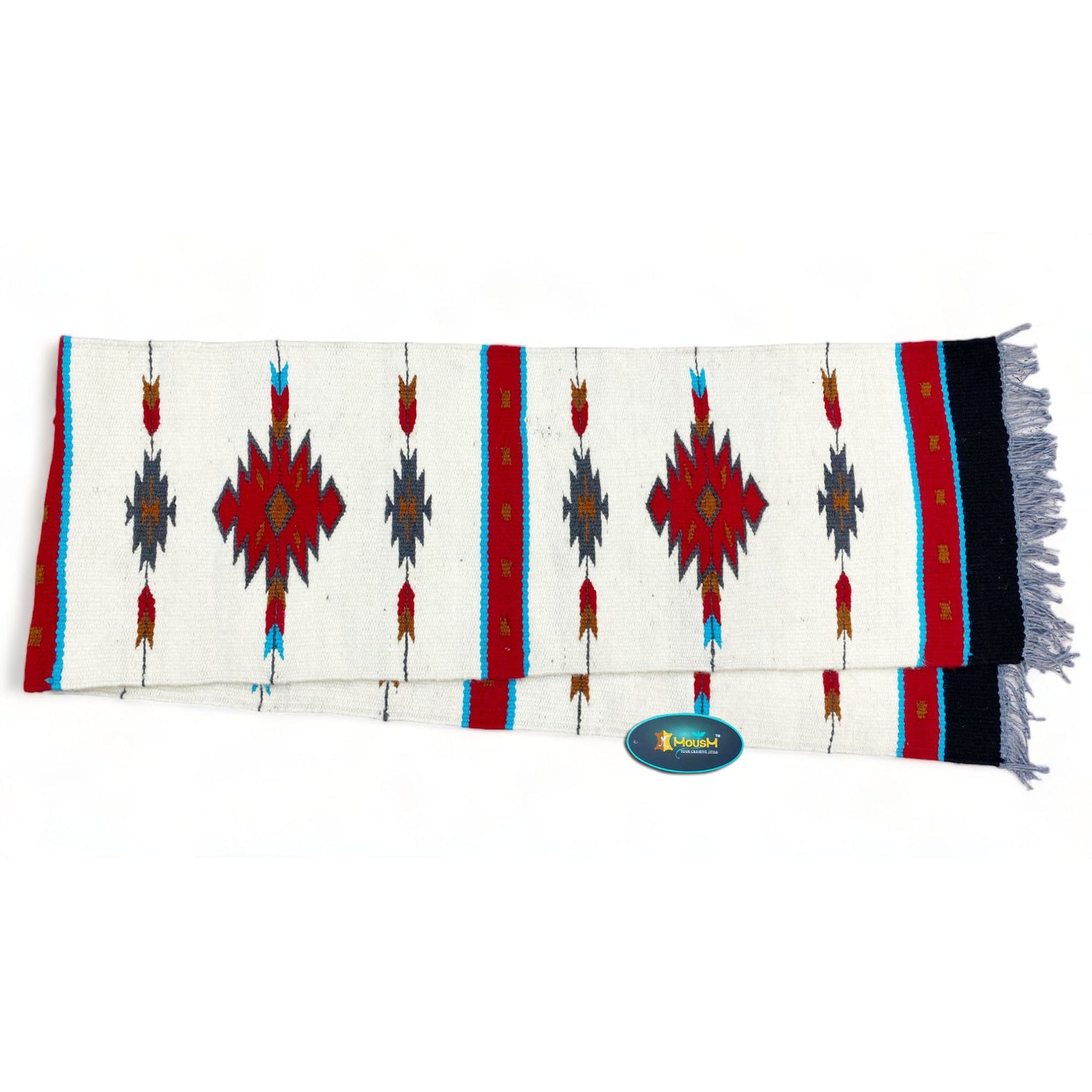 MOUSM Handwoven Cotton Table Runner with Traditional Geometric Square-Cut Design – Home Décor Accent for Coffee Tables &amp; Dining Tables, Fringed Edges on Both Ends