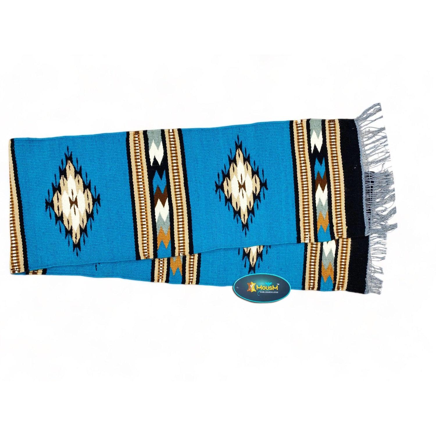 MOUSM Handwoven Cotton Table Runner – Southwestern Rustic Décor, Blue Geometric Boho Table Accent, Farmhouse Dining Textile with Fringed Edges