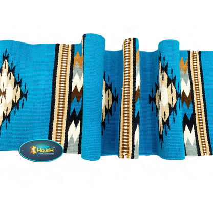 MOUSM Handwoven Cotton Table Runner – Southwestern Rustic Décor, Blue Geometric Boho Table Accent, Farmhouse Dining Textile with Fringed Edges