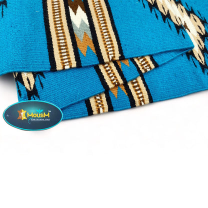 MOUSM Handwoven Cotton Table Runner – Southwestern Rustic Décor, Blue Geometric Boho Table Accent, Farmhouse Dining Textile with Fringed Edges