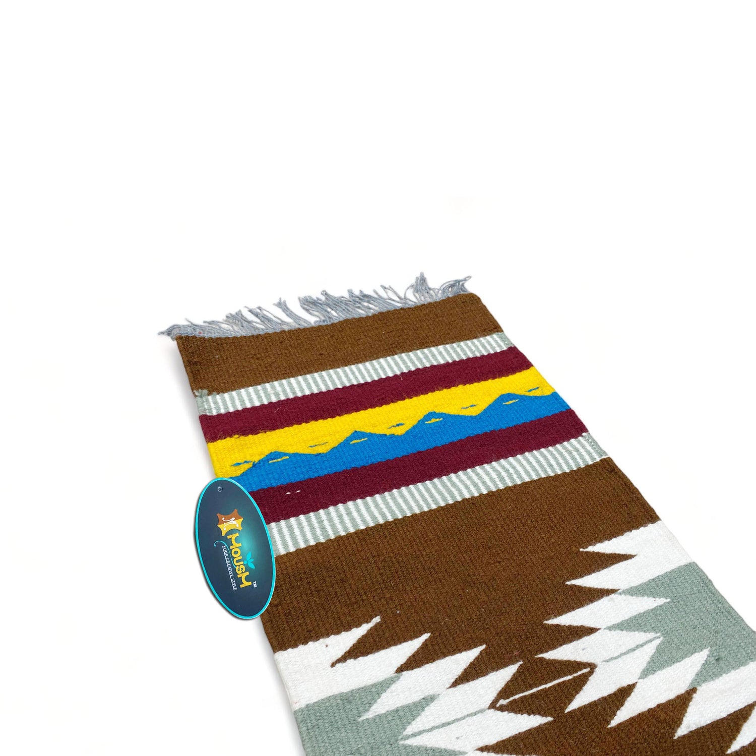 MOUSM Handwoven Cotton Table Runner – Southwestern Rustic Décor, Brown Geometric Boho Table Accent, Farmhouse Dining Textile with Fringed Edges