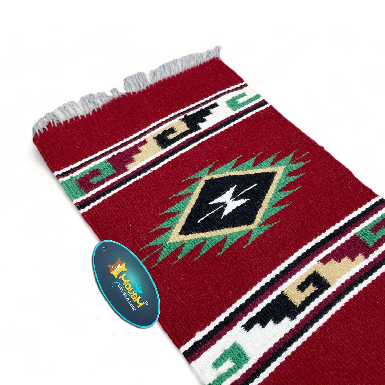 MOUSM Handwoven Cotton Table Runner – Red Southwestern Rustic Décor, Geometric Boho Table Accent, Farmhouse Dining Textile with Fringed Edges