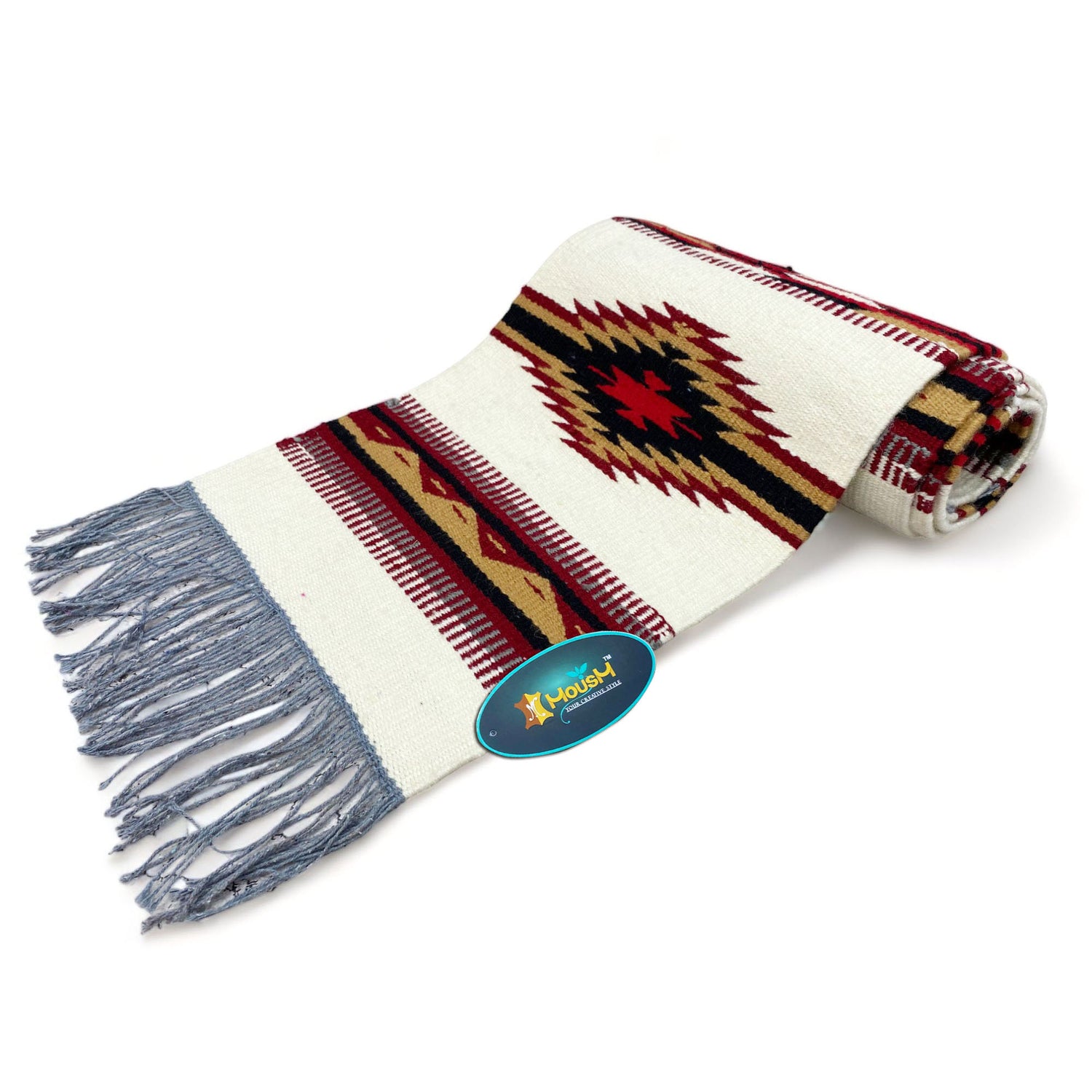 MOUSM Handwoven Cotton Table Runner – Southwestern Rustic Décor, Beige Geometric Boho Table Accent, Farmhouse Dining Textile with Fringed Edges