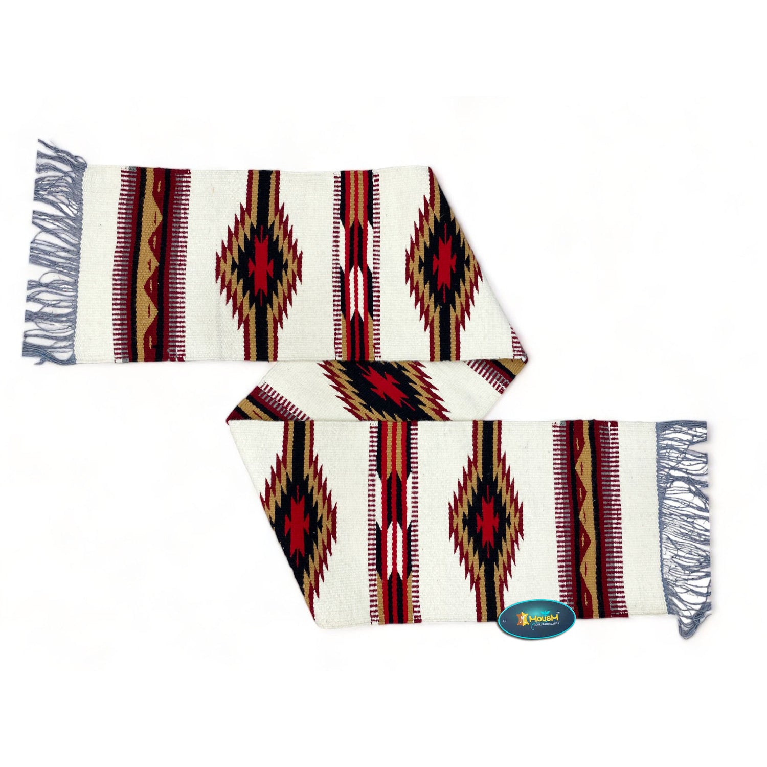 MOUSM Handwoven Cotton Table Runner – Southwestern Rustic Décor, Beige Geometric Boho Table Accent, Farmhouse Dining Textile with Fringed Edges