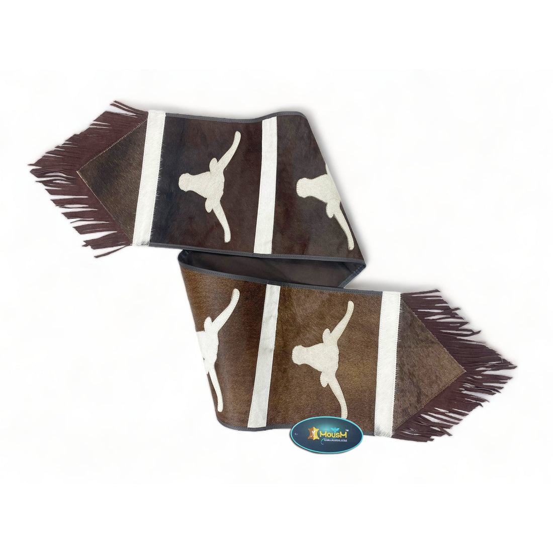 MOUSM Real Cowhide Leather Table Runner 72” with Longhorn Bull Embroidered -  Handcrafted Rustic Western Décor, Bull Head Embossed, Fringed Edges, Perfect for Coffee &amp; Dining Tables.