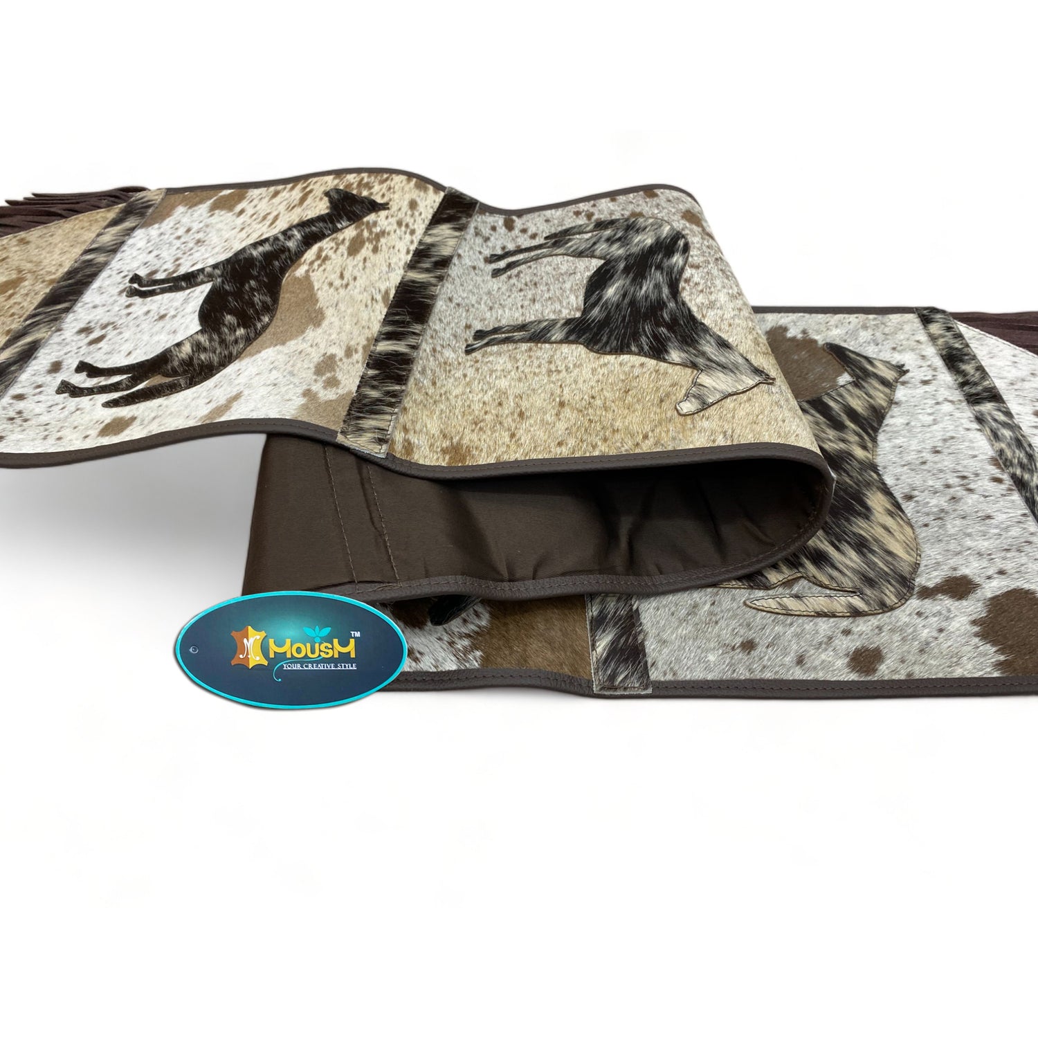 MOUSM Real Cow Hide Hair-On Leather Table Runner 72x12 Inches, Handcrafted with Embroidered Standing Horse Cutout Print and Leather Brown Fringe Both Side