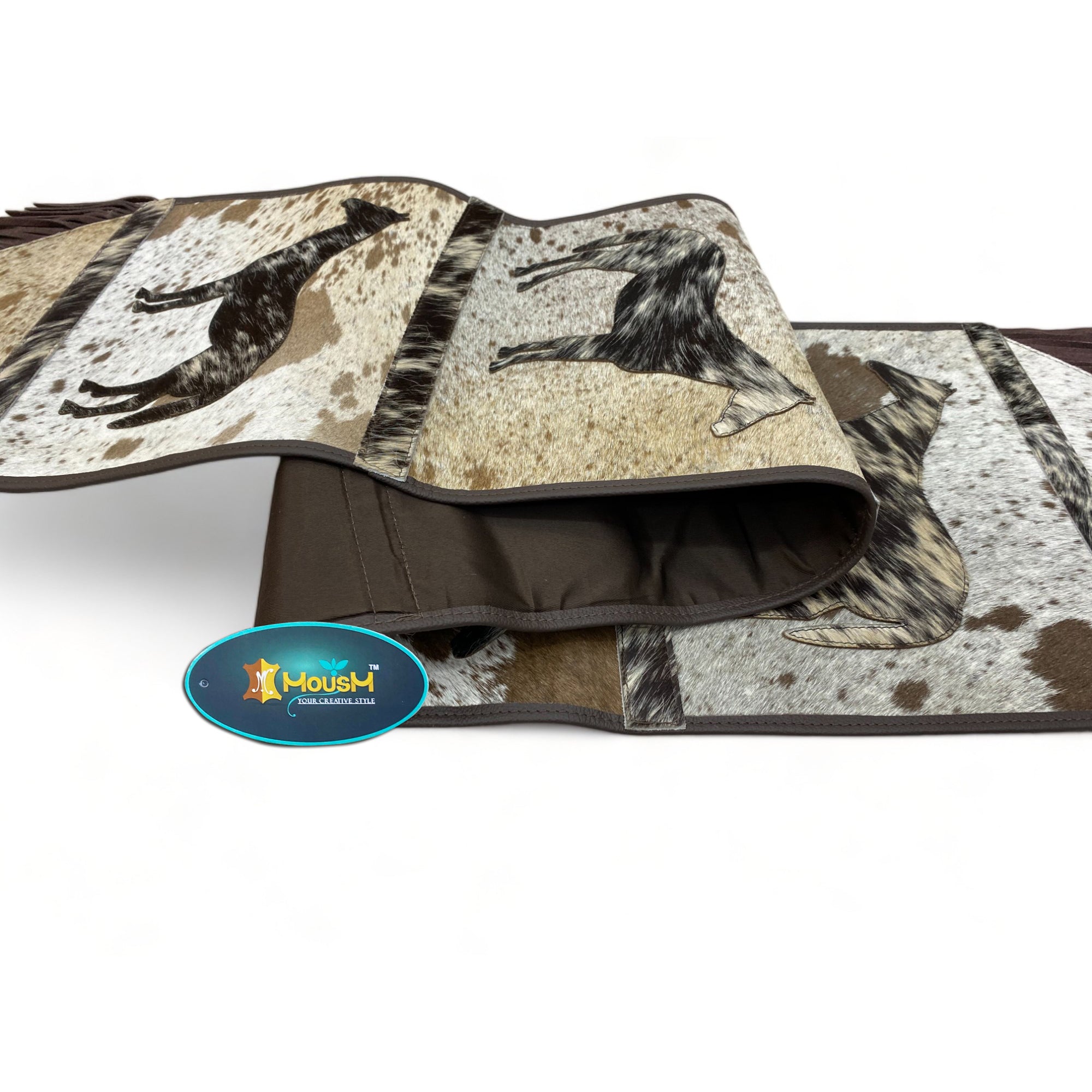 MOUSM Real Cow Hide Hair-On Leather Table Runner 72x12 Inches, Handcrafted with Embroidered Standing Horse Cutout Print and Leather Brown Fringe Both Side