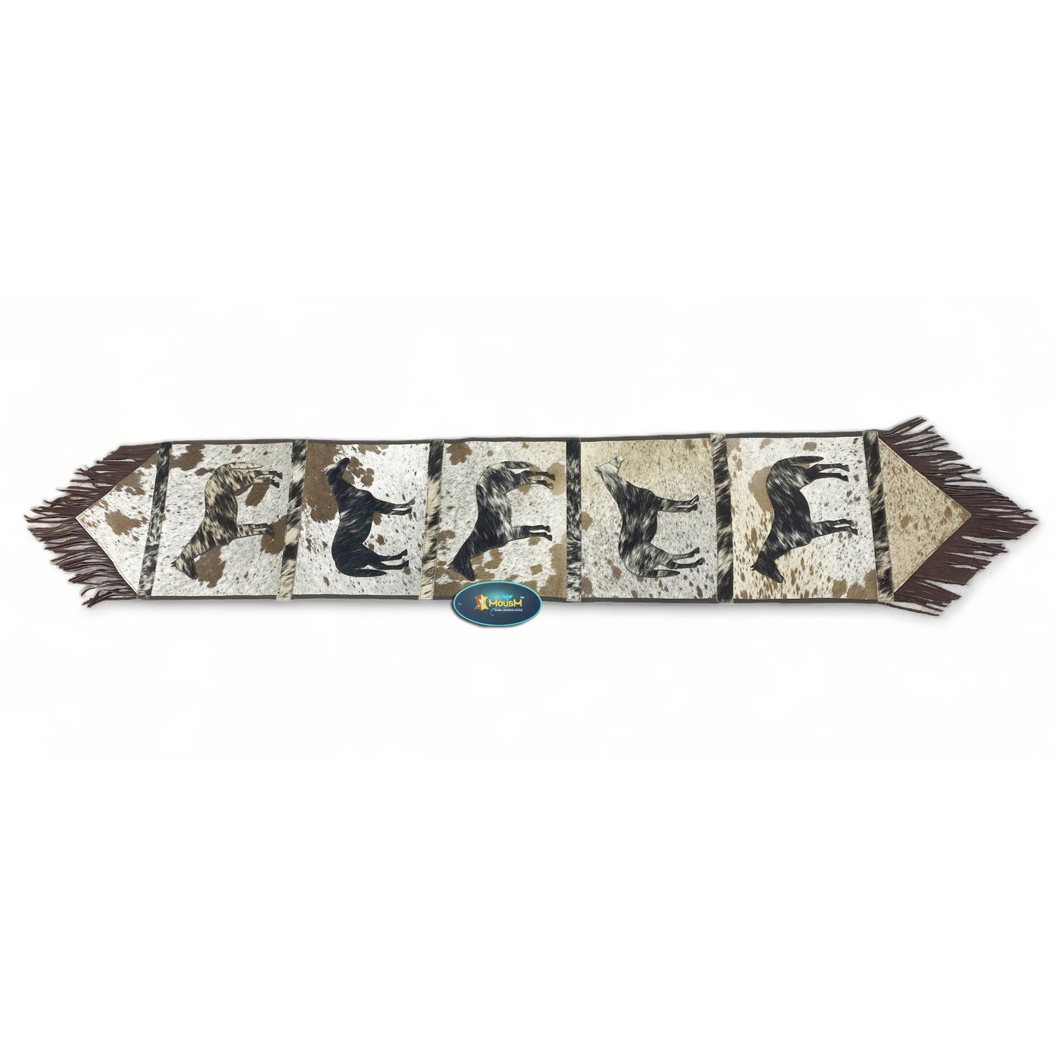 MOUSM Real Cow Hide Hair-On Leather Table Runner 72x12 Inches, Handcrafted with Embroidered Standing Horse Cutout Print and Leather Brown Fringe Both Side