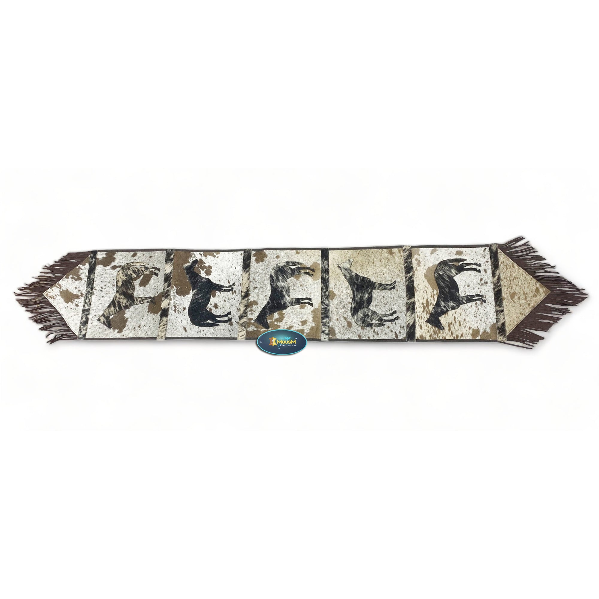 MOUSM Real Cow Hide Hair-On Leather Table Runner 72x12 Inches, Handcrafted with Embroidered Standing Horse Cutout Print and Leather Brown Fringe Both Side