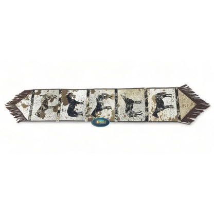 MOUSM Real Cow Hide Hair-On Leather Table Runner 72x12 Inches, Handcrafted with Embroidered Standing Horse Cutout Print and Leather Brown Fringe Both Side