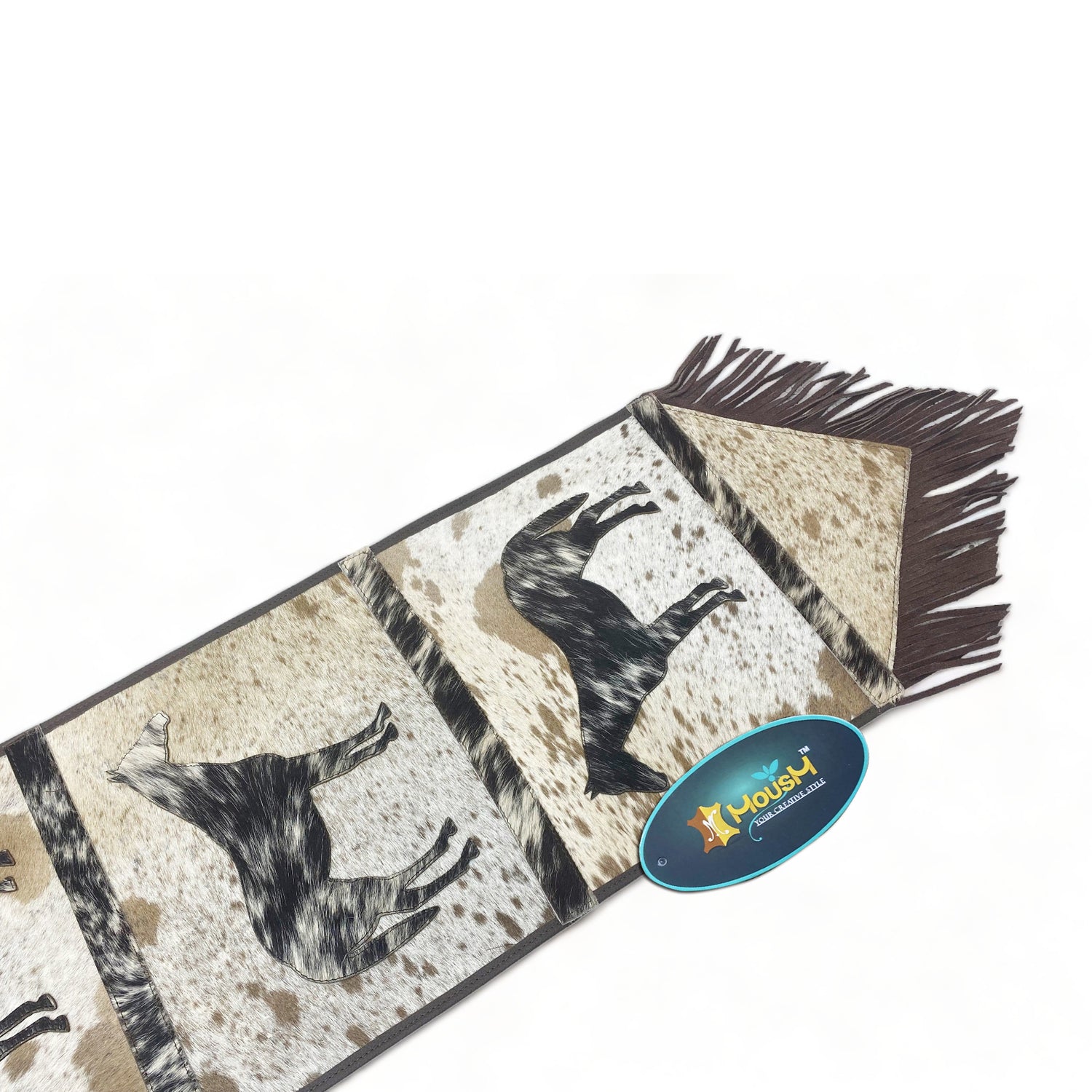 MOUSM Real Cow Hide Hair-On Leather Table Runner 72x12 Inches, Handcrafted with Embroidered Standing Horse Cutout Print and Leather Brown Fringe Both Side