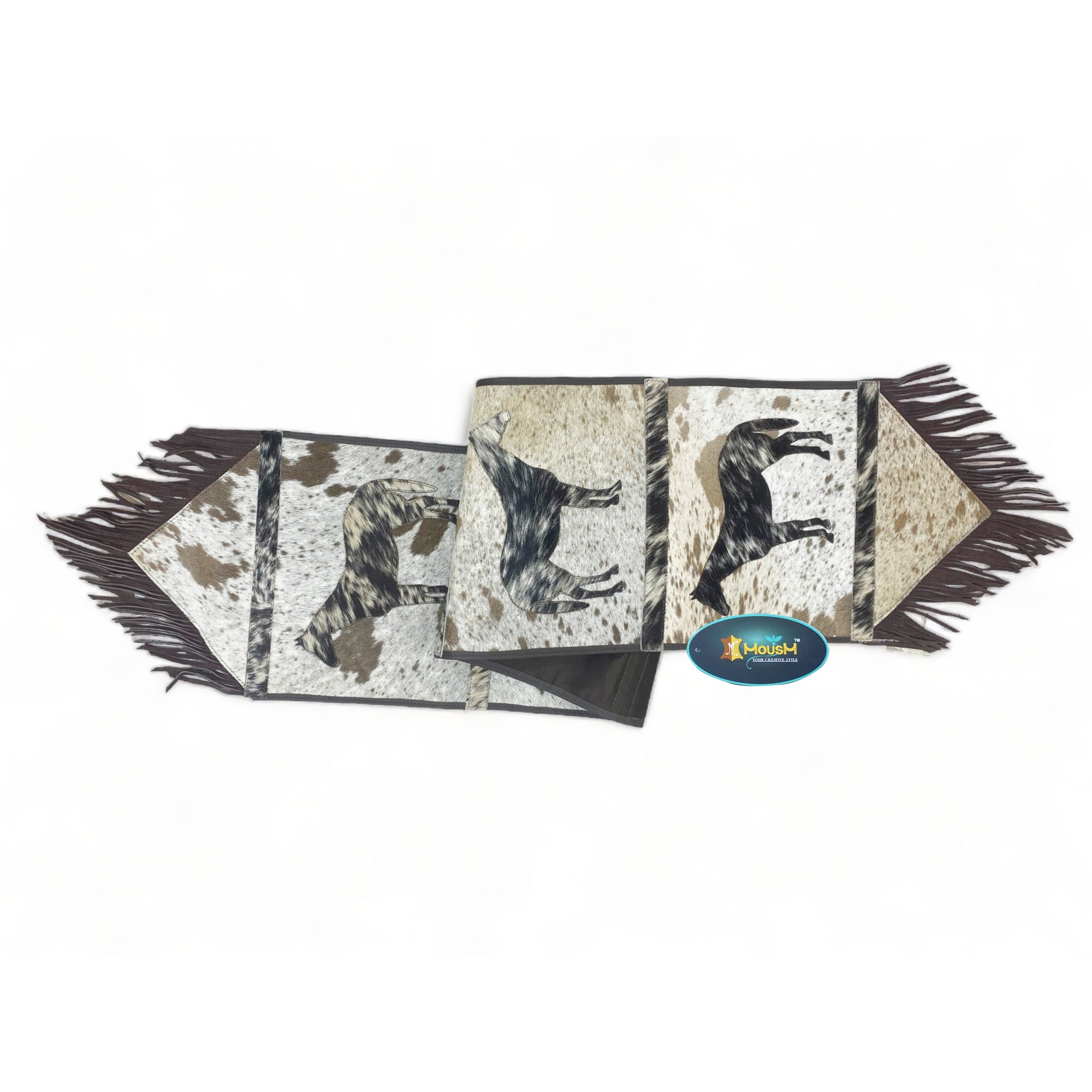 MOUSM Real Cow Hide Hair-On Leather Table Runner 72x12 Inches, Handcrafted with Embroidered Standing Horse Cutout Print and Leather Brown Fringe Both Side