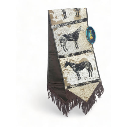 MOUSM Real Cow Hide Hair-On Leather Table Runner 72x12 Inches, Handcrafted with Embroidered Standing Horse Cutout Print and Leather Brown Fringe Both Side