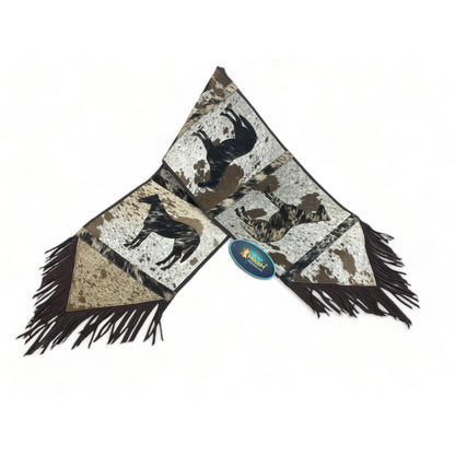 MOUSM Real Cow Hide Hair-On Leather Table Runner 72x12 Inches, Handcrafted with Embroidered Standing Horse Cutout Print and Leather Brown Fringe Both Side