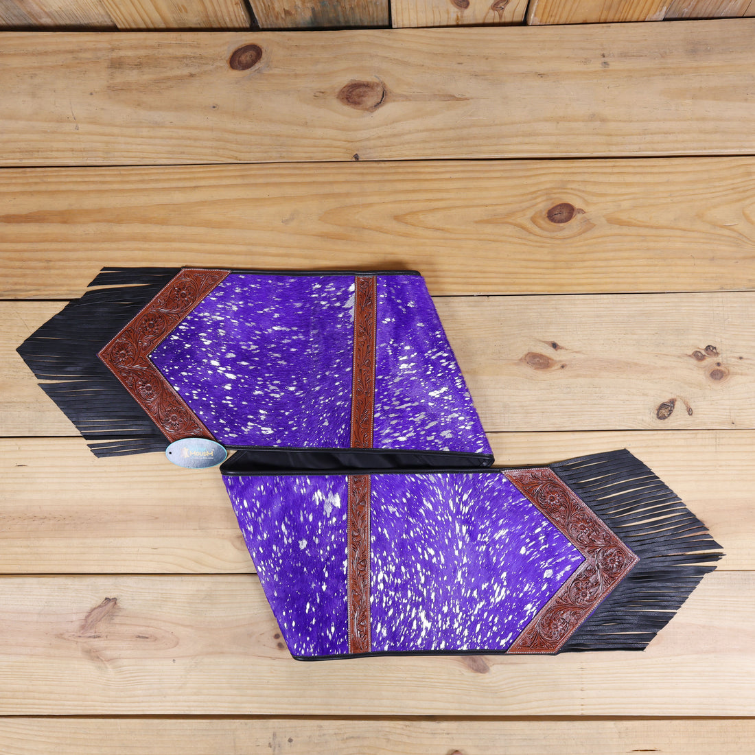 MOUSM Leather Table Runner  - 72x12 Inches – Genuine Argentina Cowhide, Purple Acid Wash, Tooled V-Shaped Corners and Dividing Patch for Bowl Placement, Black Fringe Edges