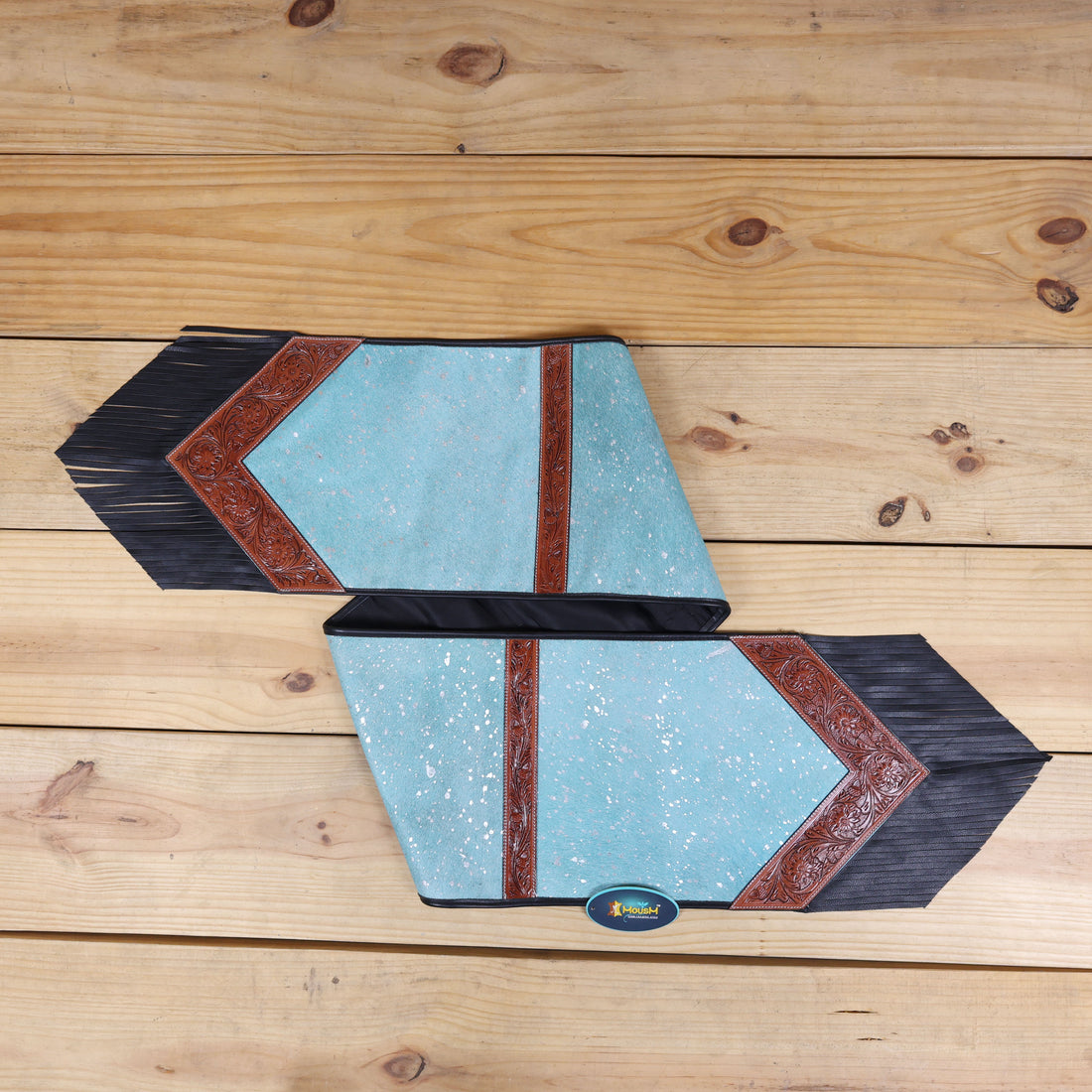 MOUSM Argentina Cowhide Table Runner  - 72x12 Inches – Decorated with Turquoise Metallic Acid Wash, Tooled V-Shaped Corners and Dividing Patch for Bowl Placement, Black Fringe Edges