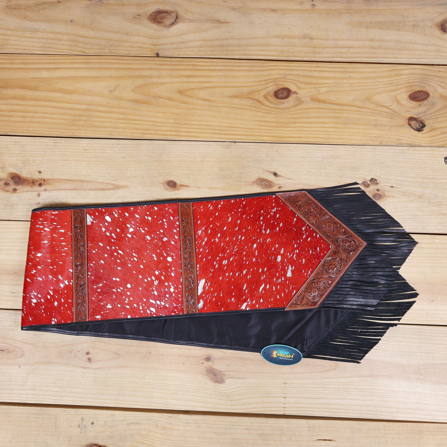MOUSM Real Cowhide Table Runner - 72x12 Inches – Handcrafted with Argentina Cow Leather, Red Metallic Acid Wash, Tooled V-Shaped Corners and Dividing Patch for Bowl Placement, Black Fringe Edges