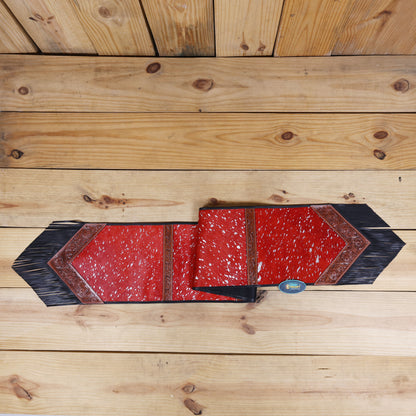 MOUSM Real Cowhide Table Runner - 72x12 Inches – Handcrafted with Argentina Cow Leather, Red Metallic Acid Wash, Tooled V-Shaped Corners and Dividing Patch for Bowl Placement, Black Fringe Edges