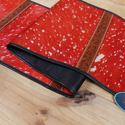 MOUSM Real Cowhide Table Runner - 72x12 Inches – Handcrafted with Argentina Cow Leather, Red Metallic Acid Wash, Tooled V-Shaped Corners and Dividing Patch for Bowl Placement, Black Fringe Edges