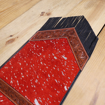 MOUSM Real Cowhide Table Runner - 72x12 Inches – Handcrafted with Argentina Cow Leather, Red Metallic Acid Wash, Tooled V-Shaped Corners and Dividing Patch for Bowl Placement, Black Fringe Edges