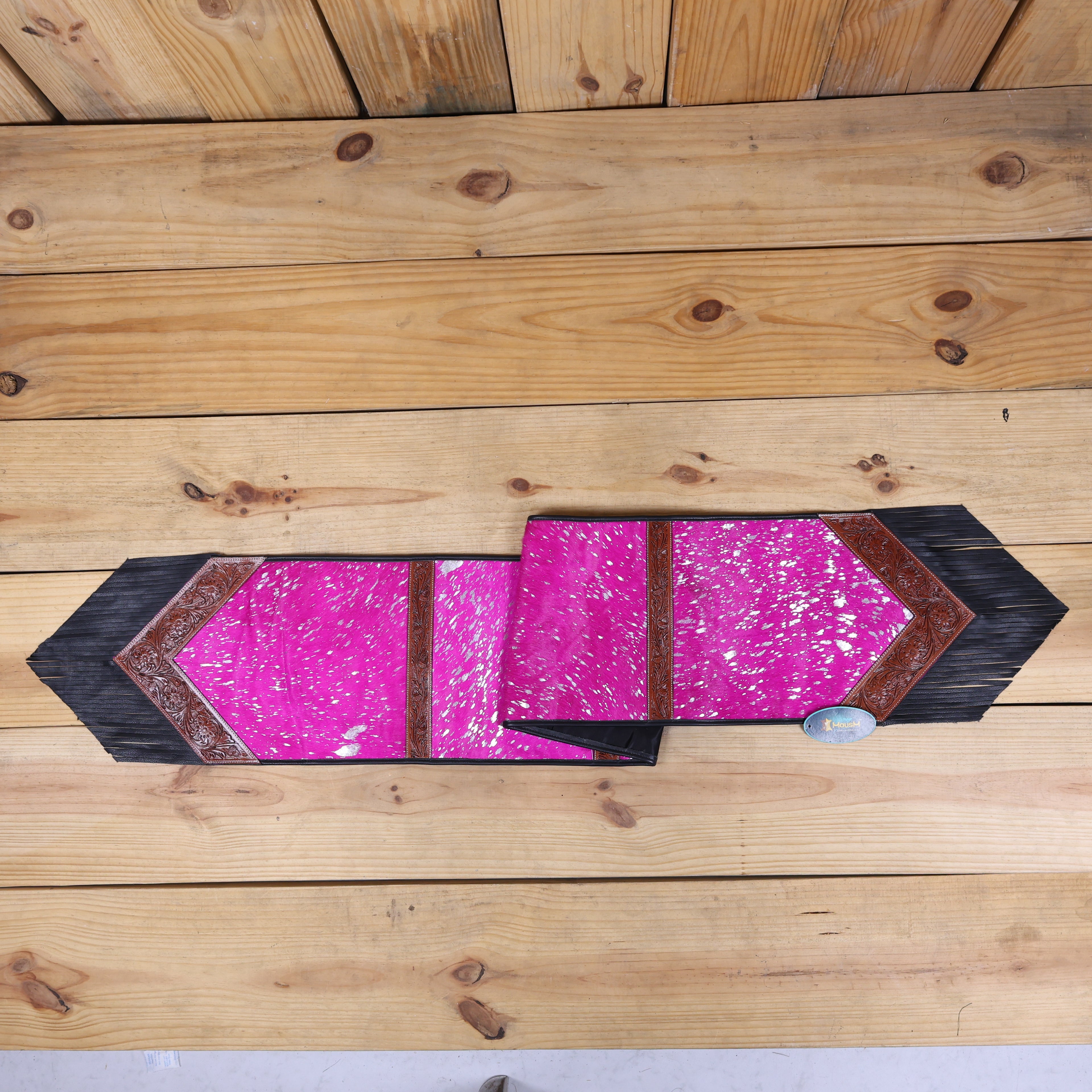 MOUSM Table Runner - 72x12 Inches – Genuine Argentina Cowhide with Pink Metallic Acid Wash, Decorated with Tooled V-Shaped Corners and Dividing Patch for Bowl Placement, Black Fringe Edges