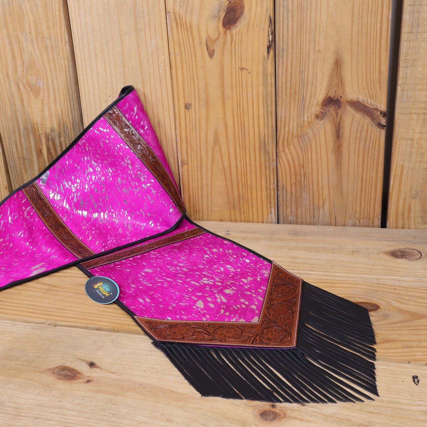 MOUSM Table Runner - 72x12 Inches – Genuine Argentina Cowhide with Pink Metallic Acid Wash, Decorated with Tooled V-Shaped Corners and Dividing Patch for Bowl Placement, Black Fringe Edges