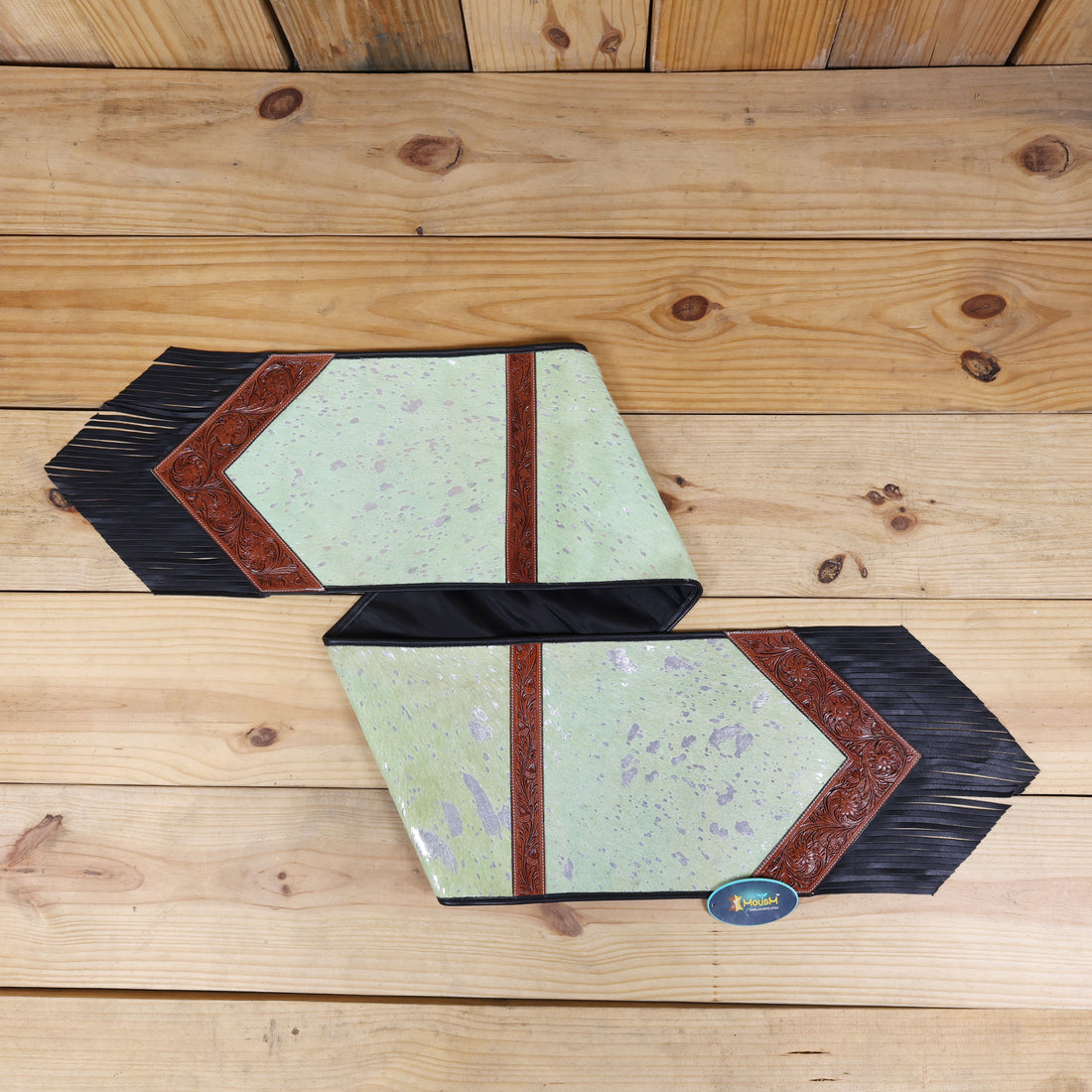 MOUSM Real Argentina Cowhide Table Runner - 72x12 Inches – Lime Green Metallic Acid Wash, Decorated with Tooled V-Shaped Corners and Dividing Patch for Bowl Placement, Black Fringe Edges