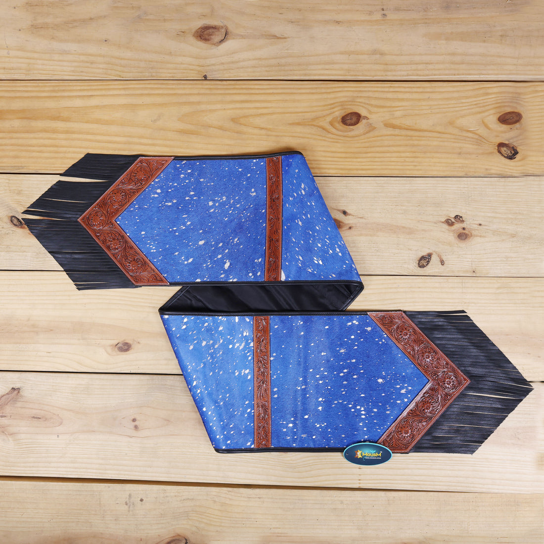 MOUSM Real Argentina Cowhide Table Runner - 72x12 Inches – Royal Blue Metallic Acid Wash, Decorated with Tooled V-Shaped Corners and Dividing Patch for Bowl Placement, Black Fringe Edges