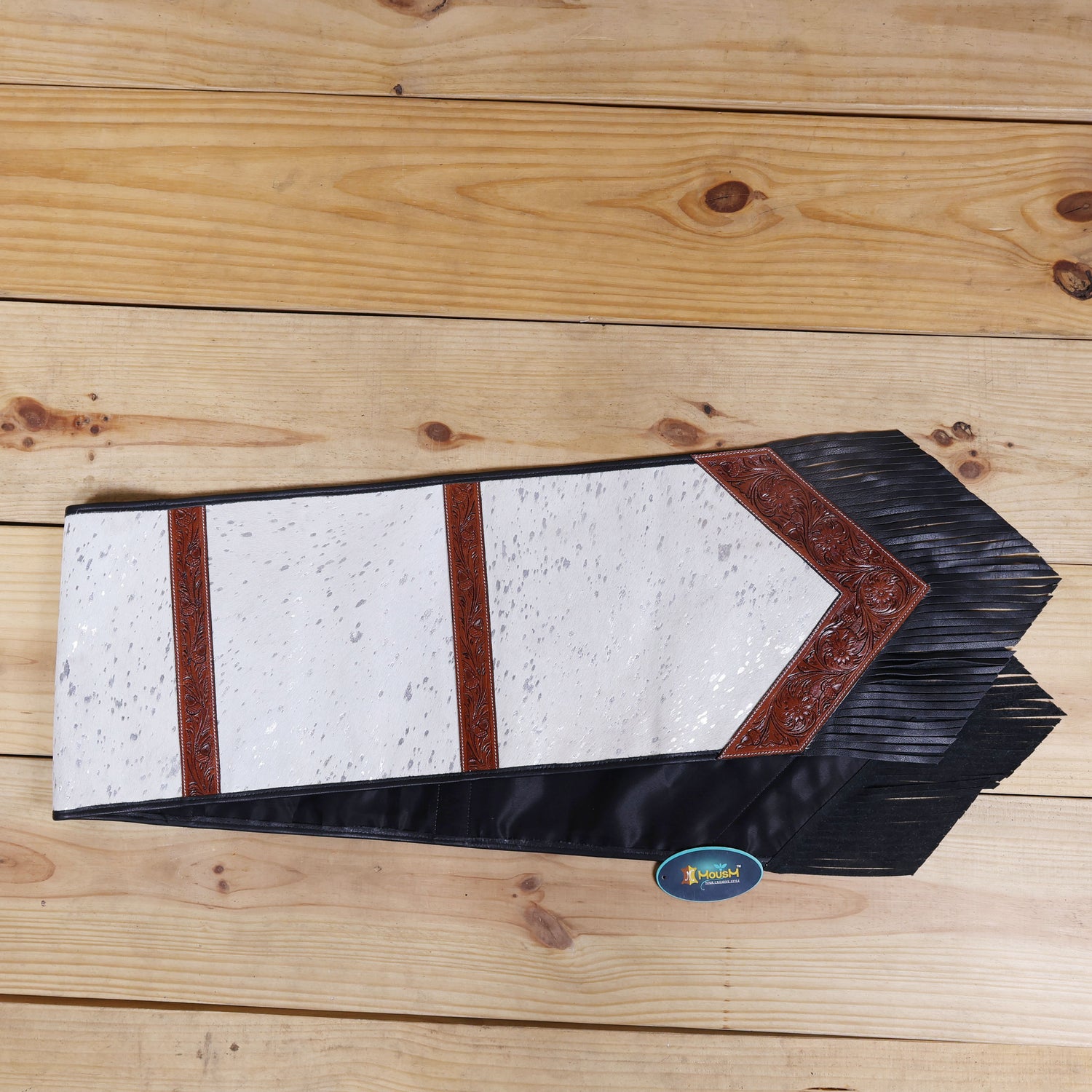 MOUSM Leather Table Runner - 72x12 Inches – Made from Genuine Argentina Cowhide, Decorated with White Metallic Acid Wash, Tooled V-Shaped Corners and Dividing Patch for Bowl Placement, Black Fringe Edges