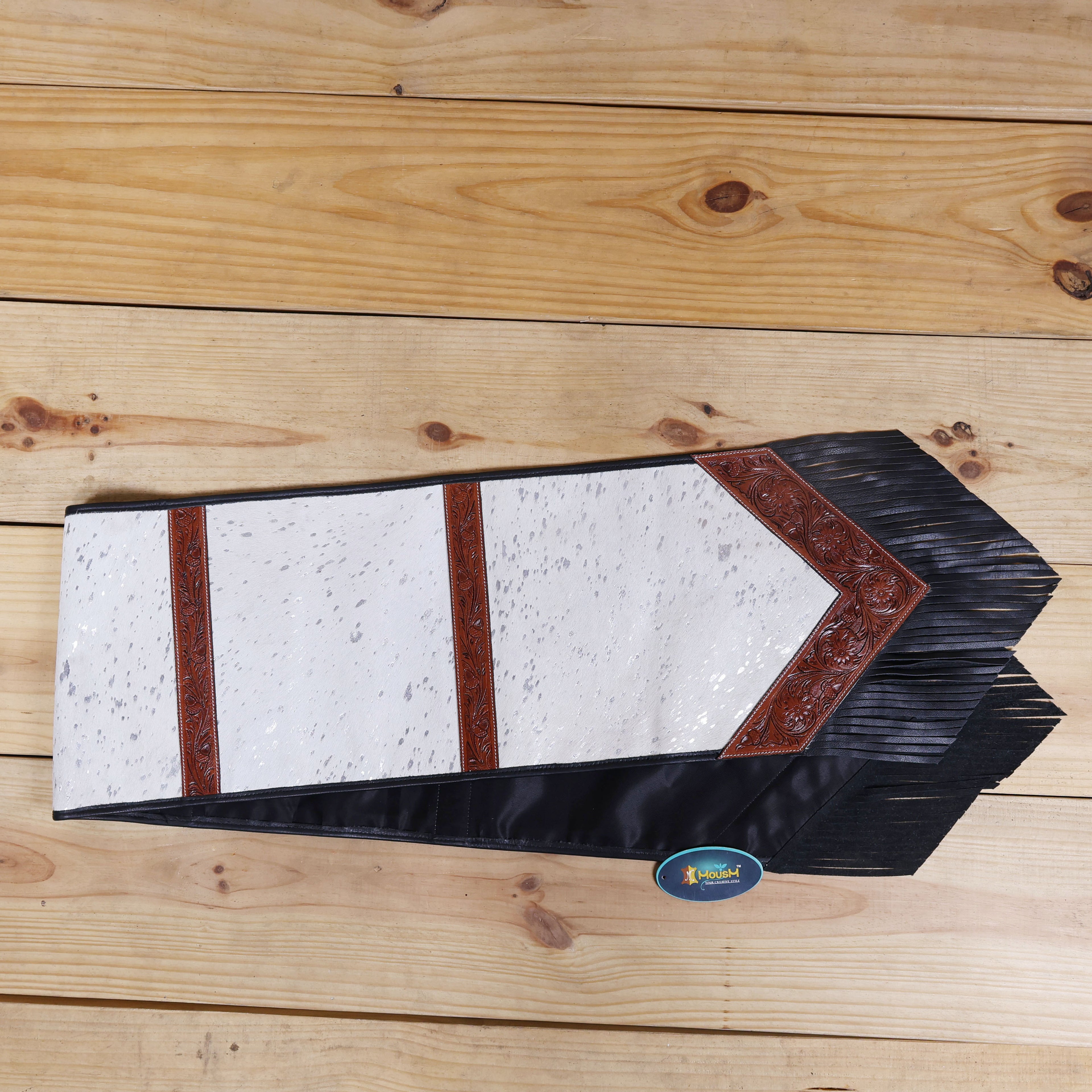 MOUSM Leather Table Runner - 72x12 Inches – Made from Genuine Argentina Cowhide, Decorated with White Metallic Acid Wash, Tooled V-Shaped Corners and Dividing Patch for Bowl Placement, Black Fringe Edges