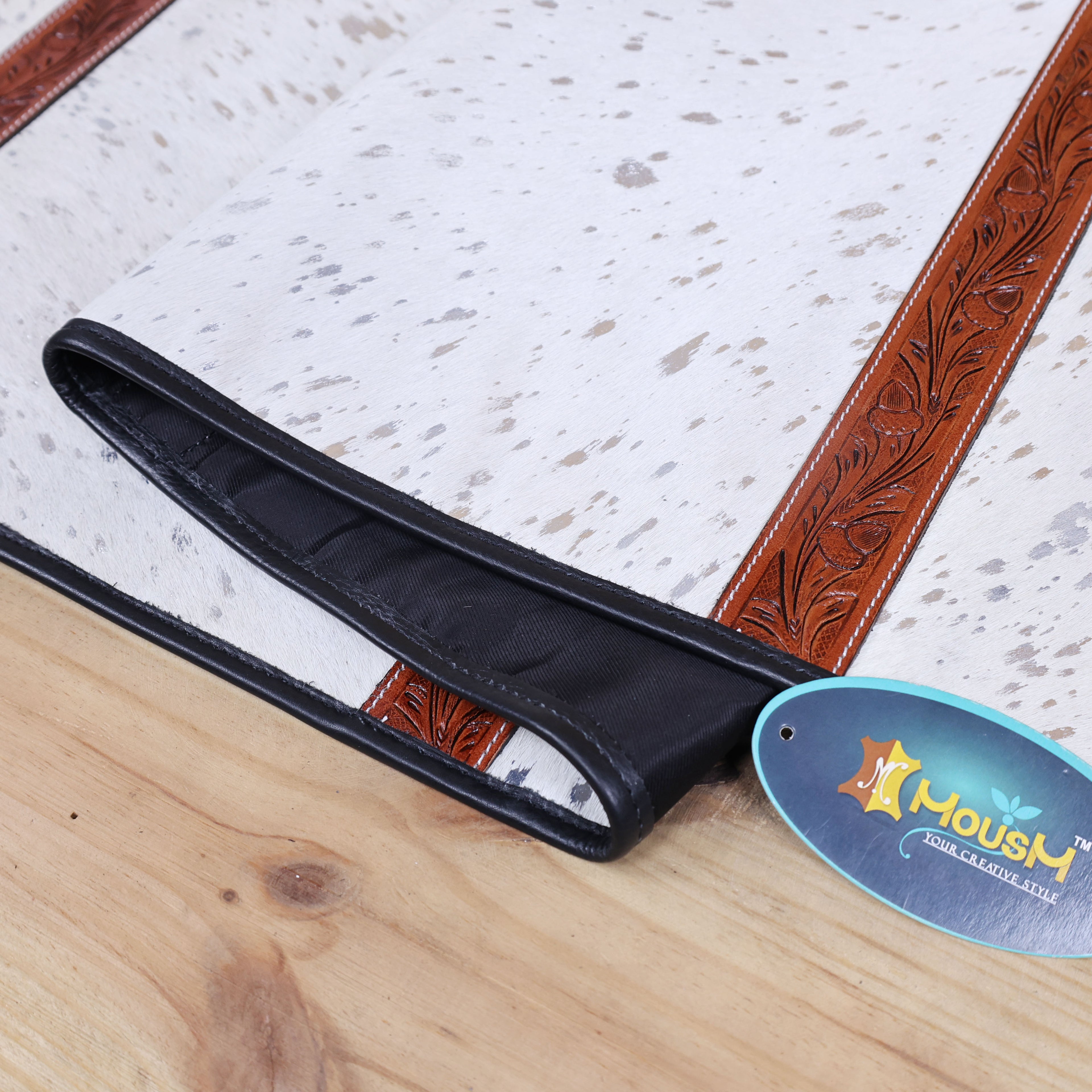 MOUSM Leather Table Runner - 72x12 Inches – Made from Genuine Argentina Cowhide, Decorated with White Metallic Acid Wash, Tooled V-Shaped Corners and Dividing Patch for Bowl Placement, Black Fringe Edges