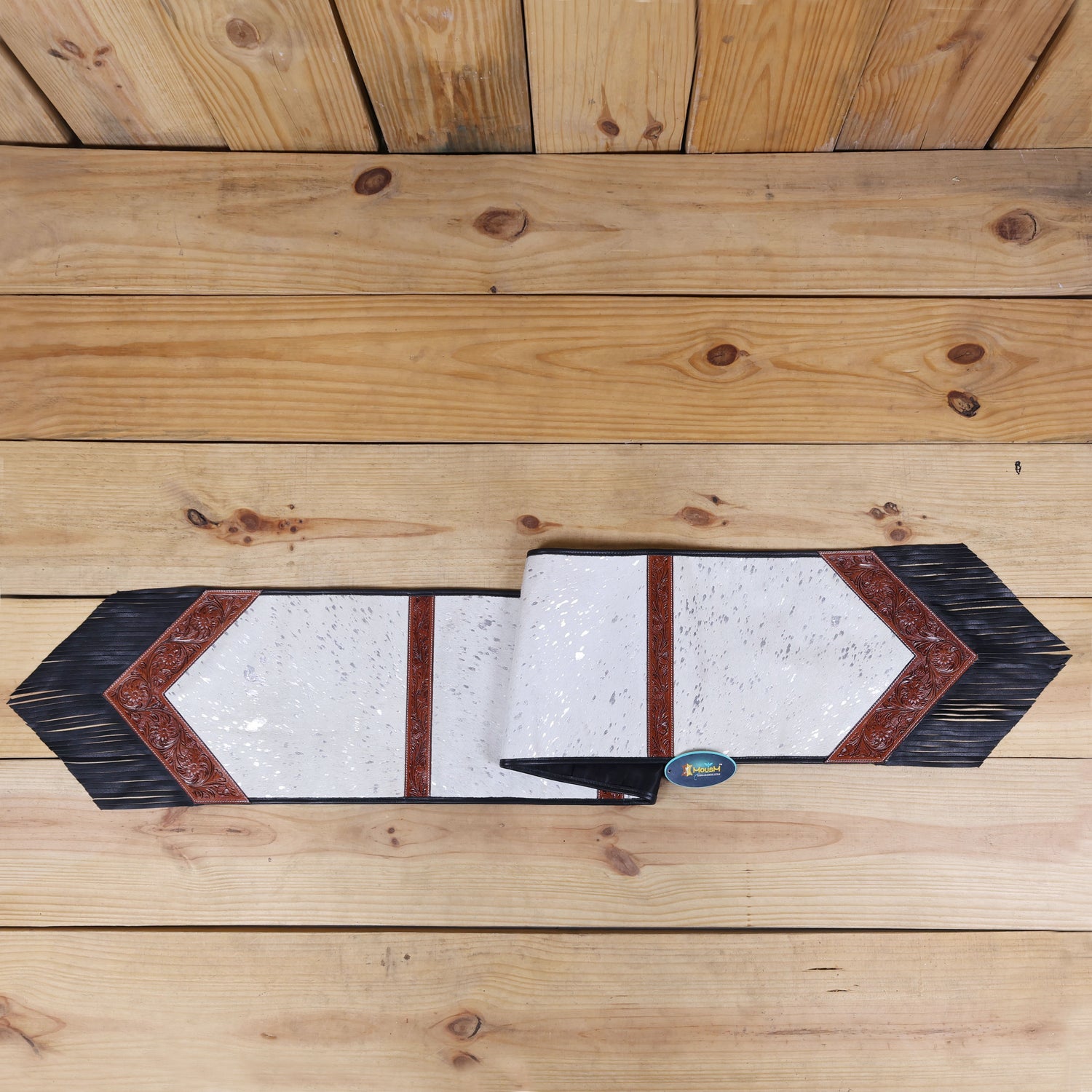 MOUSM Leather Table Runner - 72x12 Inches – Made from Genuine Argentina Cowhide, Decorated with White Metallic Acid Wash, Tooled V-Shaped Corners and Dividing Patch for Bowl Placement, Black Fringe Edges