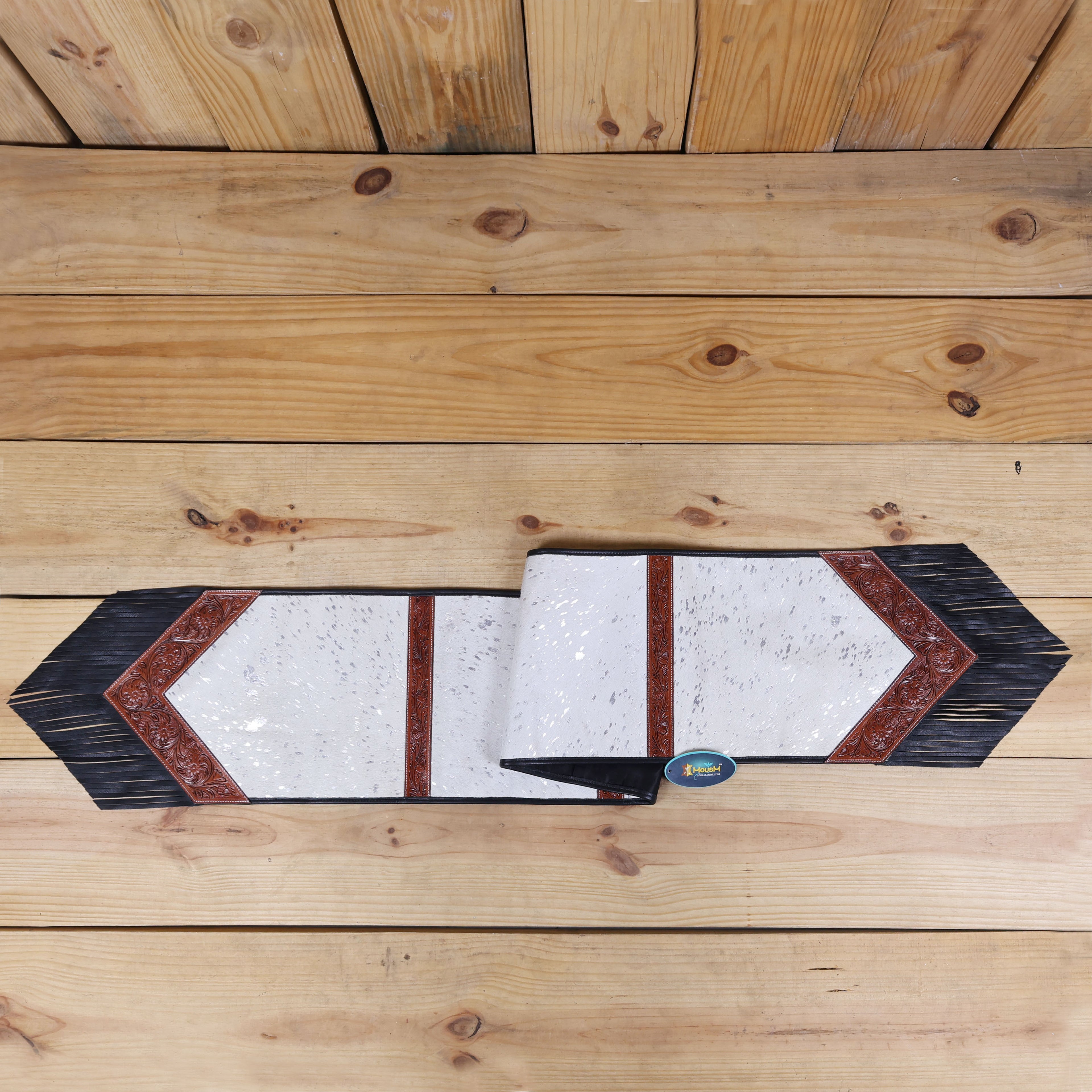 MOUSM Leather Table Runner - 72x12 Inches – Made from Genuine Argentina Cowhide, Decorated with White Metallic Acid Wash, Tooled V-Shaped Corners and Dividing Patch for Bowl Placement, Black Fringe Edges