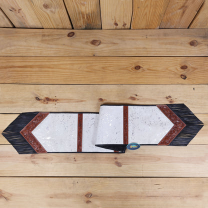 MOUSM Leather Table Runner - 72x12 Inches – Made from Genuine Argentina Cowhide, Decorated with White Metallic Acid Wash, Tooled V-Shaped Corners and Dividing Patch for Bowl Placement, Black Fringe Edges