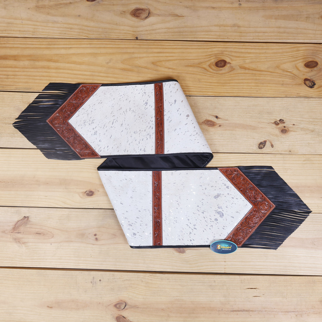 MOUSM Leather Table Runner - 72x12 Inches – Made from Genuine Argentina Cowhide, Decorated with White Metallic Acid Wash, Tooled V-Shaped Corners and Dividing Patch for Bowl Placement, Black Fringe Edges